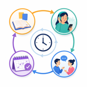 Circle depicting four individuals engaged in conversation, accompanied by a clock indicating the time.