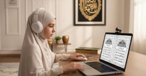 "Female student wearing a hijab and headphones learning Quran online through a laptop with a digital Quran during a live Tajweed class at home."