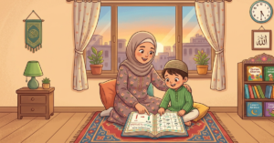 Parent teaching how to teach Noorani Qaida to kids at home