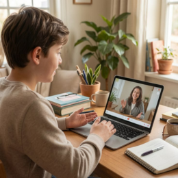 "Student attending a live online basic English speaking course with an expert tutor to improve communication skills."