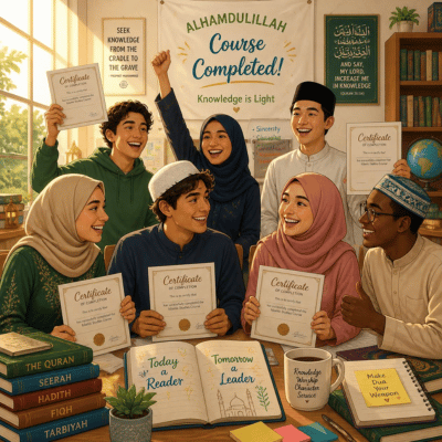 A diverse group of young women in hijabs proudly displaying their certificates, celebrating their achievements together.