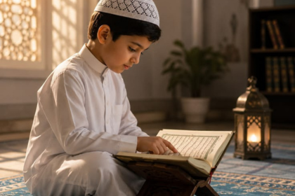 Young boy reciting the Quran from an open Mushaf while sitting indoors in a peaceful Islamic learning environment.