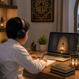 "Child attending live online Quran recitation lessons to improve Tajweed and pronunciation."