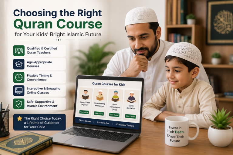 A colorful classroom setting with children engaged in a Quran learning session, guided by a teacher.