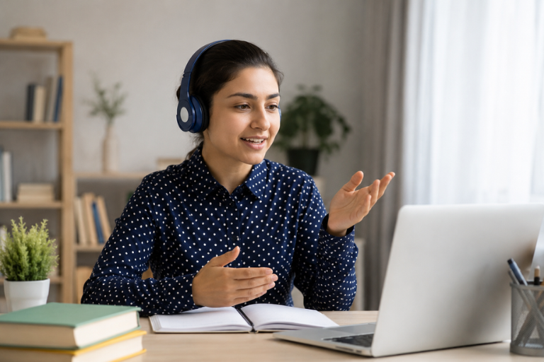 A woman with headphones sits at a desk, focused on her laptop, engaged in work or study.